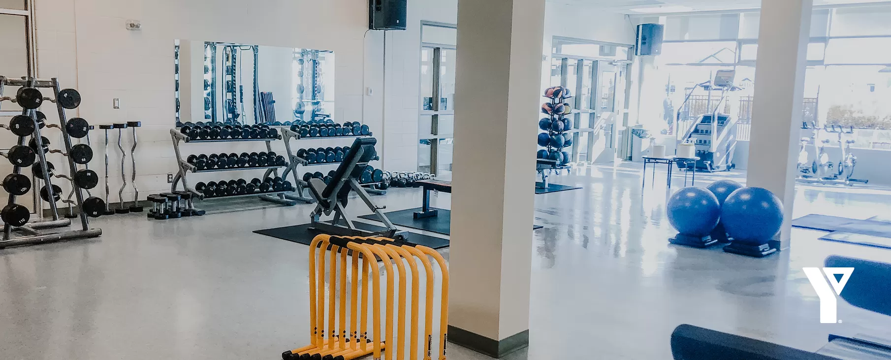 A sun-filled room with loads of fitness equiptment, including barbells, dumbbels, excersie balls, treadminds and more.